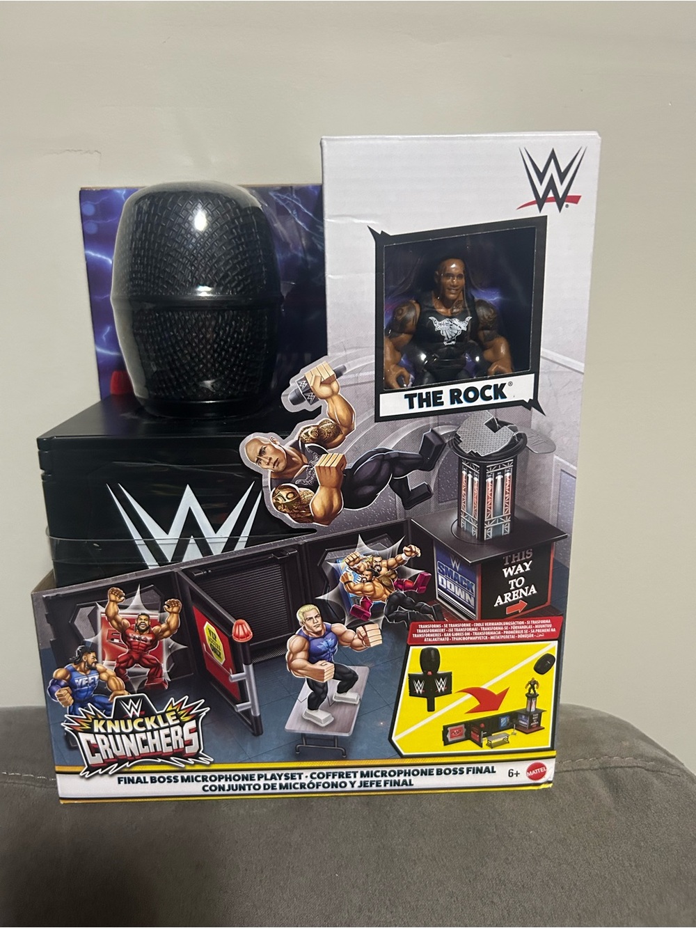 WWE Knuckle Crunchers The Rock Playset with Black Microphone and White Box Art
